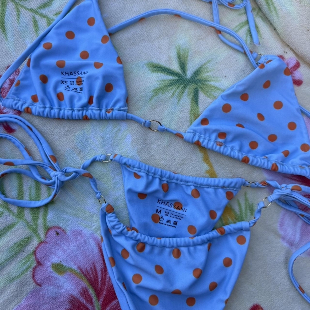 Khassani Blue Polka Dot String Ties Triangle Bikini Set - Picture 3 of 3